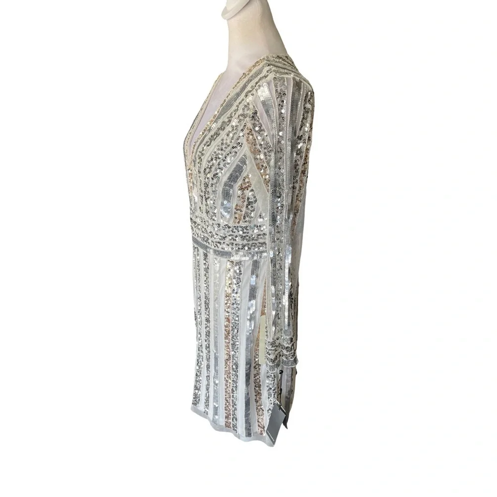 Adrianna Papell Ivory, Silver and Gold Stripe Sequin and Bead Sheath Dress 14